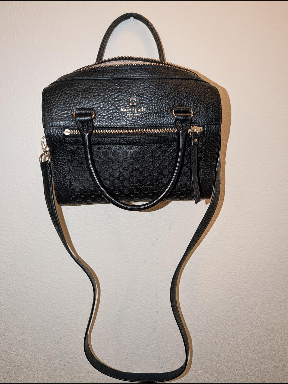 kate spade Black Textured Leather Satchel with Crossbody Strap